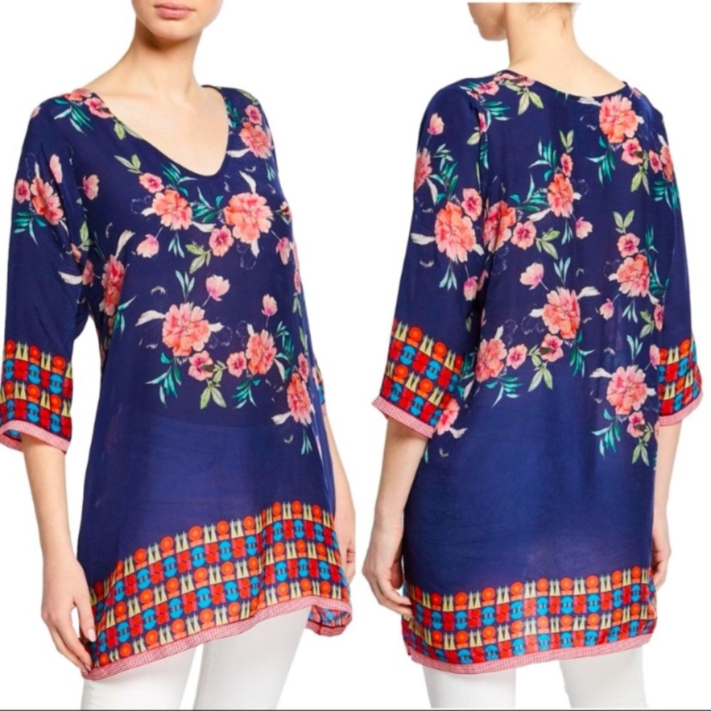 Johnny Was NMX Zado Top - navy blue floral tunic